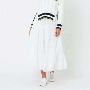 Kerri Rosenthal Vacance Midi Skirt Tiered High Waisted Swiss Dot White L 285010